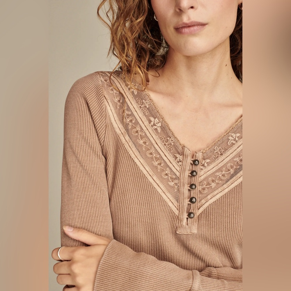 Lucky Brand Waffle Knit Mesh Yoke Embroidered Henley Top
